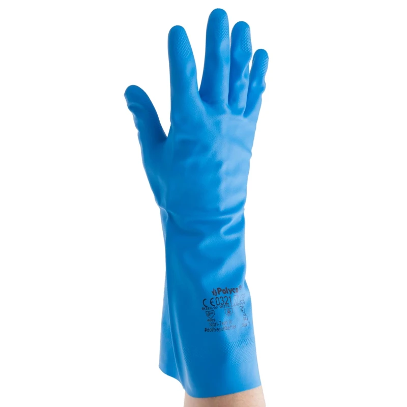 Polyco Healthline Blue Nitrile Coated Work Gloves Size 7, Chemical Resistant, Flock Lined 944