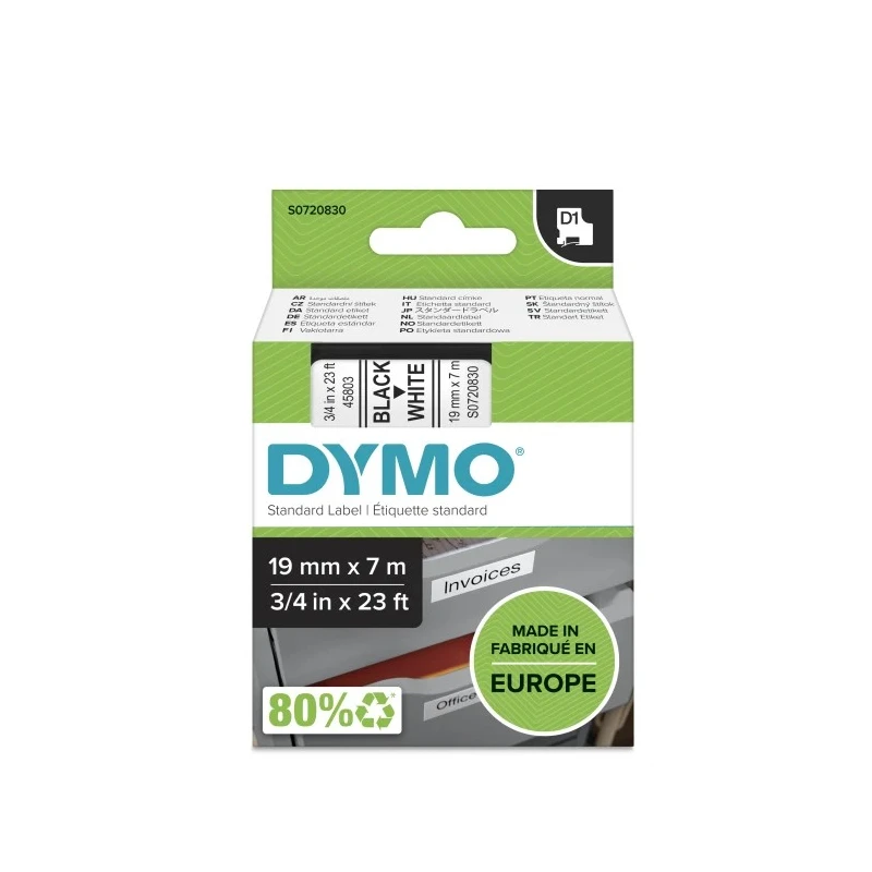 Dymo Black on White Label Printer Tape 19mm Width 7m Length Laminated S0720830