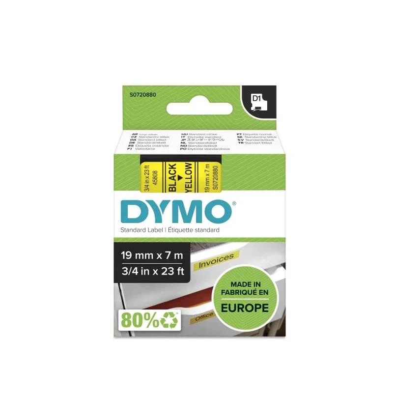 Dymo Label Printer Tape Black on Yellow, 19 mm Width, 7 m Length, Laminated, S0720880