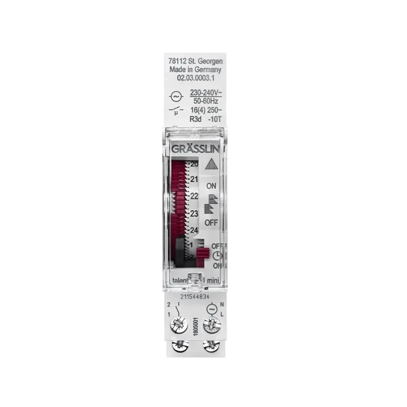 Grasslin Analogue DIN Rail Time Switch 240V AC 1 Channel 15min Segment Length 02.03.0003.1
