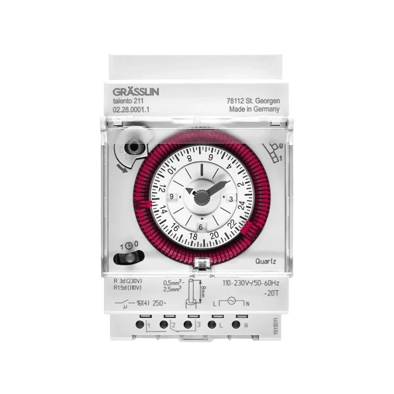 Grasslin Analogue DIN Rail Time Switch 230V AC Single Channel 15min Segment Length 02.28.0001.1