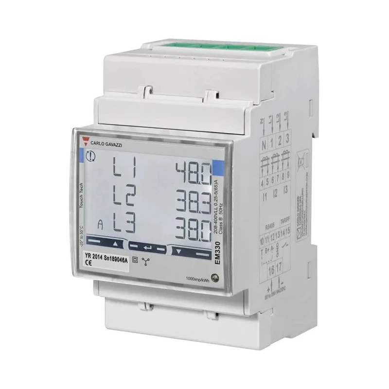 Carlo Gavazzi Three-Phase Energy Meter with LCD Display, Backlit Touch Keypad, IP51 Protection EM330DINAV53HM1PFB