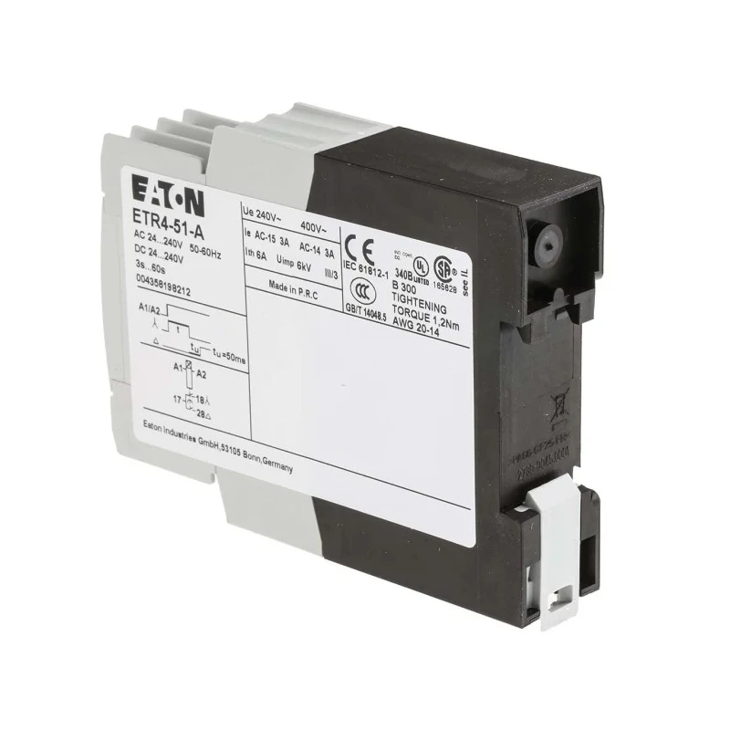 Eaton ETR4 Series DIN Rail Timer Relay, 2-Contact, 240 V dc 24V ac, 240 V ac, 3 to 60 s, 1-Function, SPST Switch ETR4