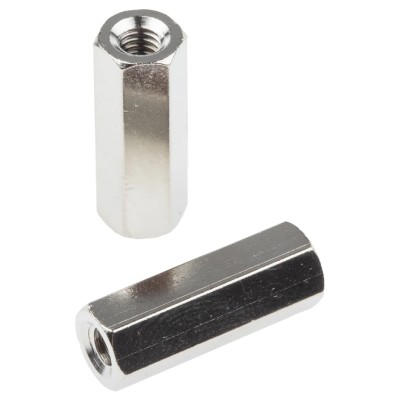 RS PRO Hex Threaded Brass Standoff M4, 20 mm Nickel-Plated Body 222-496