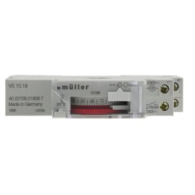 Muller Analogue DIN Rail Time Switch, 1 Channel, 230V AC, 15min Segment Length, Quartz Time Base VS 10.18 230V 50-60HZ