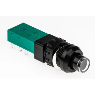 C & K Push Button Switch, Latching, Panel Mount, 14 mm Cutout, DPDT, Green Actuator, NE-18 Series ZNE18 FA200 BK GN 2U EE L