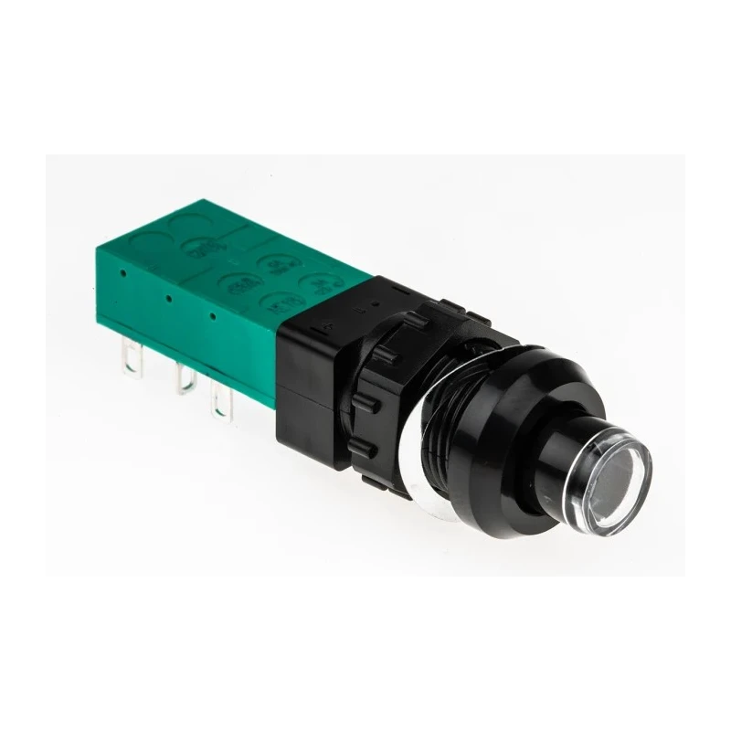 C & K Push Button Switch, Latching, Panel Mount, 14 mm Cutout, DPDT, Green Actuator, NE-18 Series ZNE18 FA200 BK GN 2U EE L