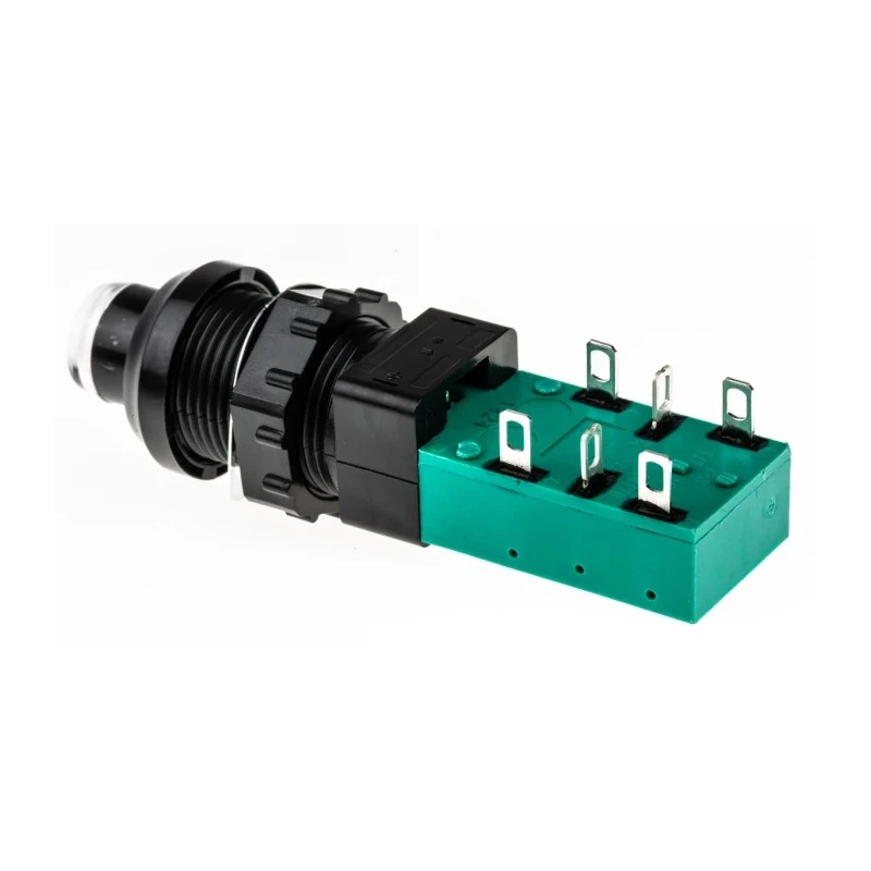 C & K Push Button Switch, Latching, Panel Mount, 14 mm Cutout, DPDT, Green Actuator, NE-18 Series ZNE18 FA200 BK GN 2U EE L