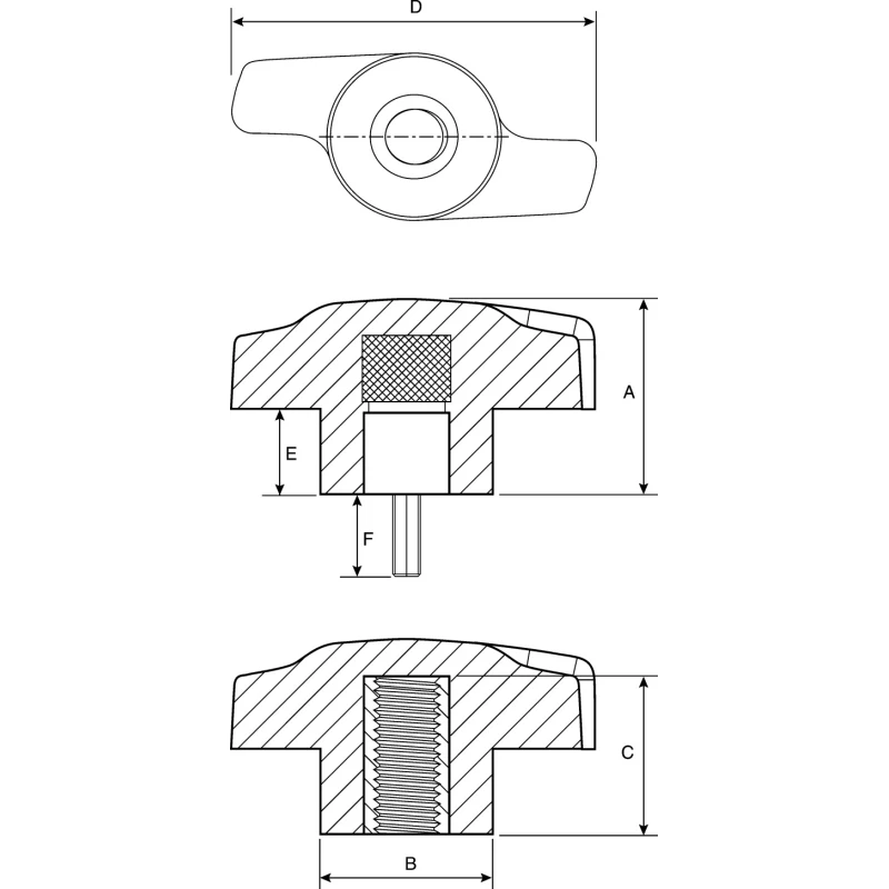 RS PRO Black Thermoplastic Wing Clamping Knob, Threaded Stud 35 mm Diameter, 15 mm Thread Length 478-466