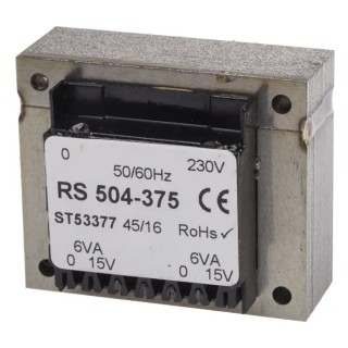 RS PRO PCB Transformer 5 to 24 V AC 2 Output Through Hole, 230 V AC Primary, 12 VA Power, 54x45x30.41 mm 504-375