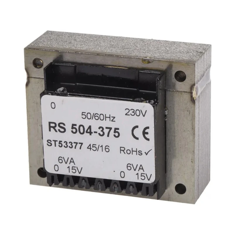 RS PRO PCB Transformer 5 to 24 V AC 2 Output Through Hole, 230 V AC Primary, 12 VA Power, 54x45x30.41 mm 504-375