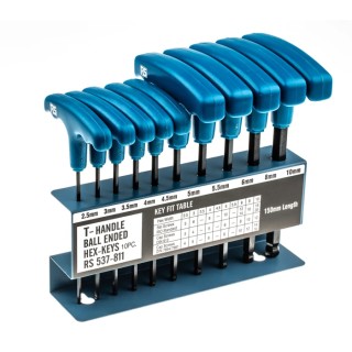 RS PRO 10 Piece T-Handle Metric Hex Key Set, Hex Sizes 2.5 to 10 mm, Chrome Vanadium Steel, Ball End, Black Finish 537-811