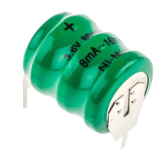 RS PRO 3.6 V Nickel Metal Hydride Button Rechargeable Battery 80mAh 15.5mm Diameter PCB Pin Terminals 525-843
