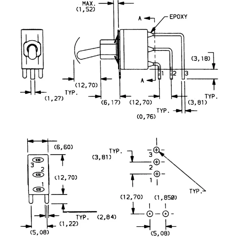 C & K Toggle Switch PCB Mount On-On SPDT Through Hole Terminal 28 V dc 125 V ac E101SD1AV2BE