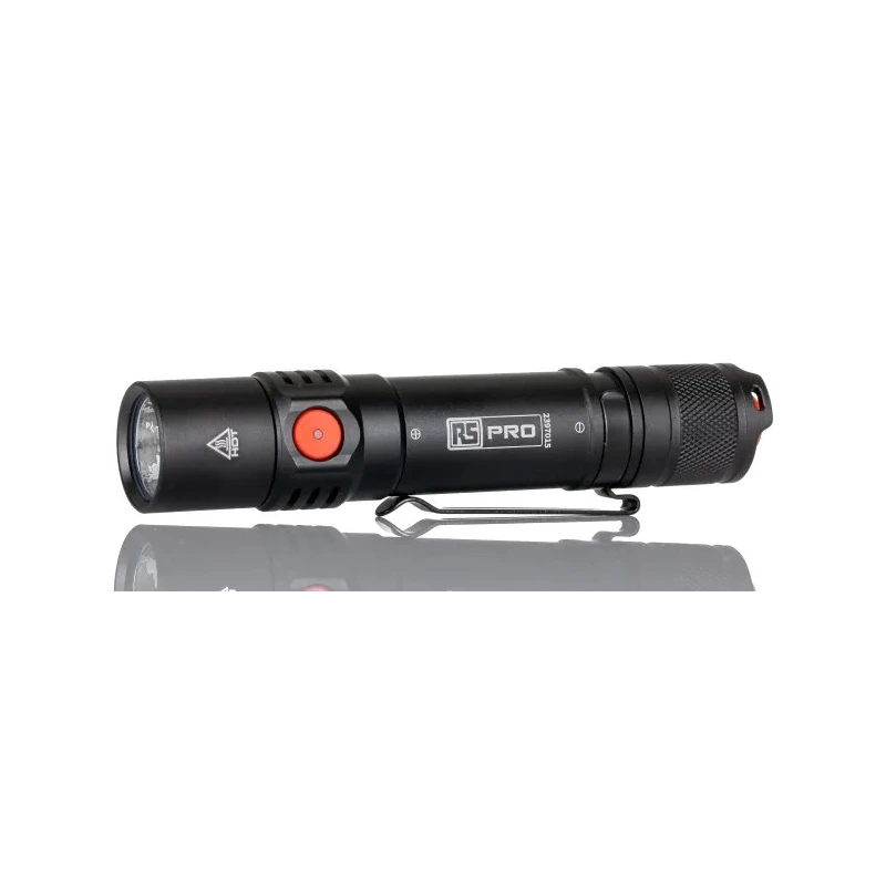 RS PRO LED Torch Black Red Rechargeable 1200 Lumen Aluminium Body USB Charging IP68 Adjustable Beam 239-7015