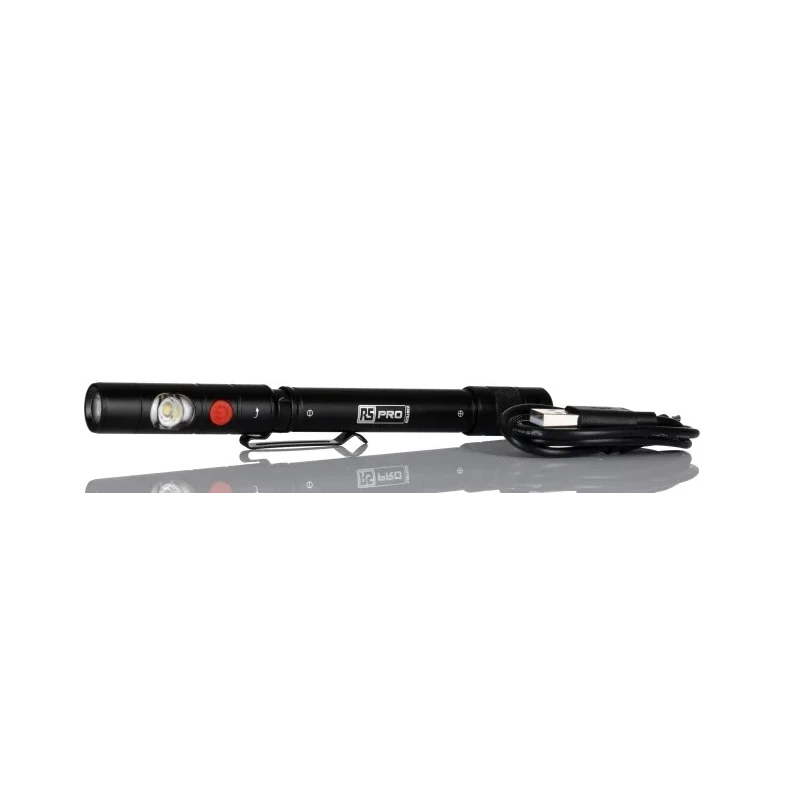 RS PRO LED Pen Torch Black Rechargeable 3.7 V 375 lm Aluminium Body USB Charging 164mm 239-7029