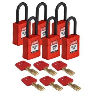 Brady Red Nylon Safety Padlock with 6.35 mm Plastic Shackle NYL-RED-38PL-KD6PK