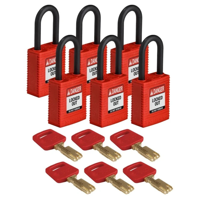 Brady Red Nylon Safety Padlock with 6.35 mm Plastic Shackle NYL-RED-38PL-KD6PK