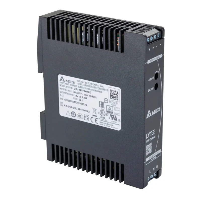 Delta Electronics DRL Switched Mode DIN Rail Power Supply 264V AC Input 12V DC, 6.25 A Output, 75 W DRL-12V75W1AZ
