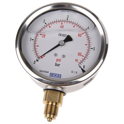 WIKA 100 mm Diameter G 3/8 Male Pressure Gauge Stainless Steel Case Black Dial 6 bar 7075546