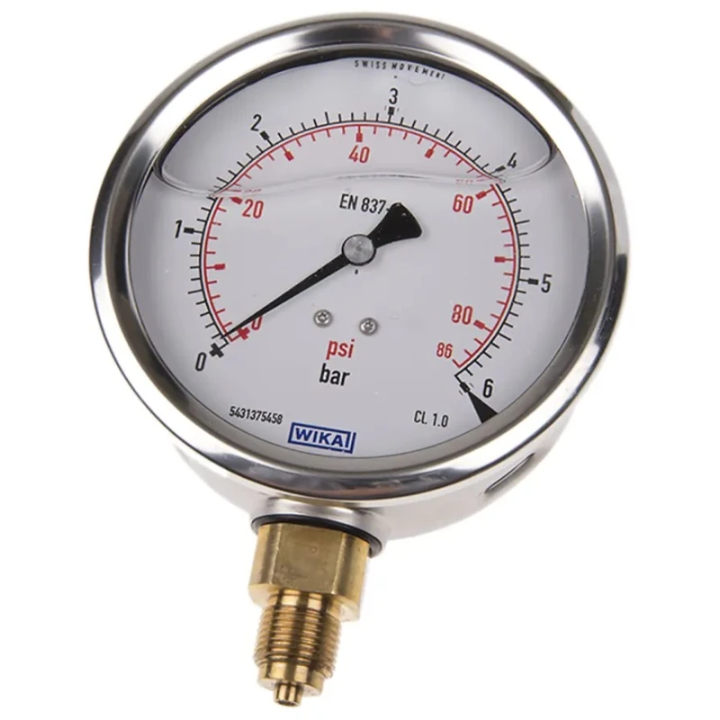 WIKA 100 mm Diameter G 3/8 Male Pressure Gauge Stainless Steel Case Black Dial 6 bar 7075546