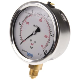 WIKA 100 mm Dial Size Stainless Steel Case Pressure Gauge G 3/8 Connection, 25 Bar Maximum Pressure 7075597