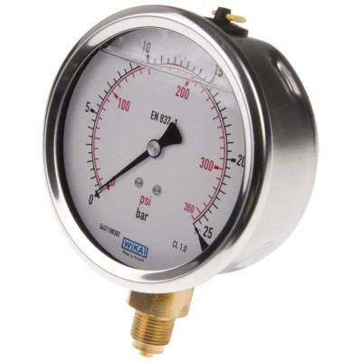 WIKA 100 mm Dial Size Stainless Steel Case Pressure Gauge G 3/8 Connection, 25 Bar Maximum Pressure 7075597