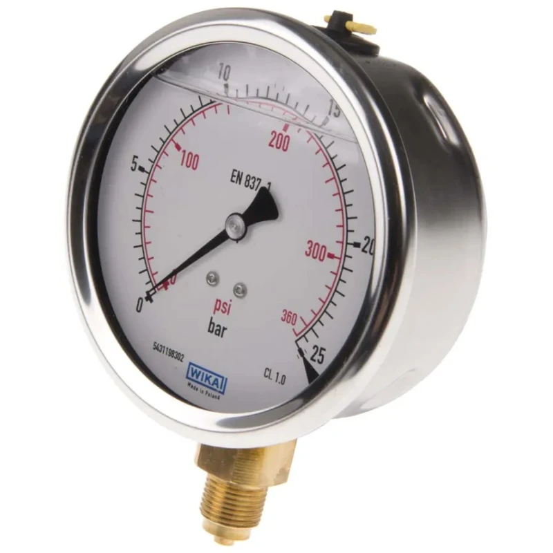 WIKA 100 mm Dial Size Stainless Steel Case Pressure Gauge G 3/8 Connection, 25 Bar Maximum Pressure 7075597