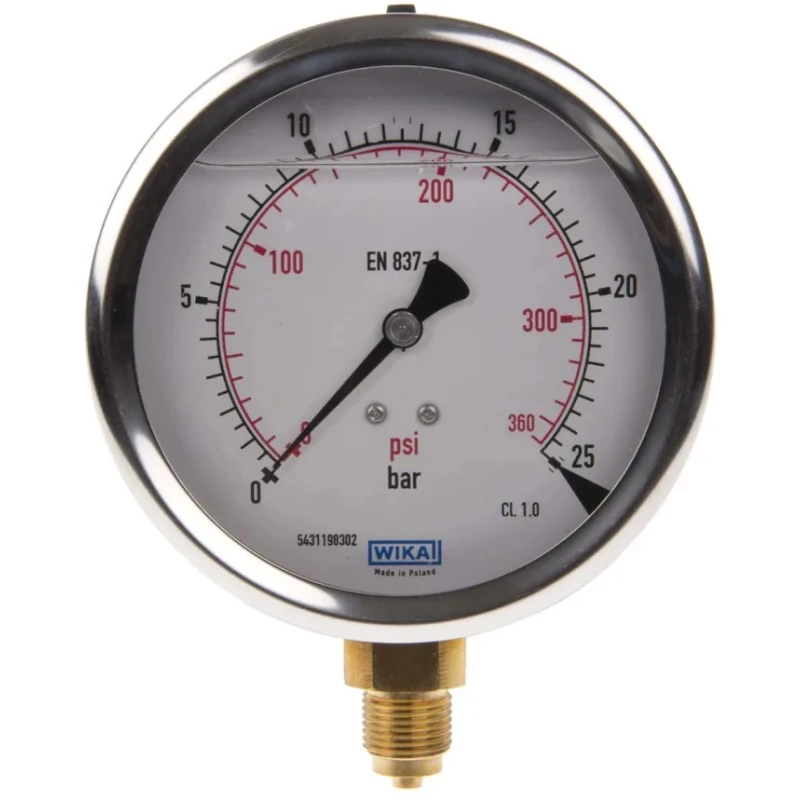WIKA 100 mm Dial Size Stainless Steel Case Pressure Gauge G 3/8 Connection, 25 Bar Maximum Pressure 7075597