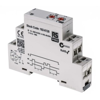 Broyce Control RS PRO DIN Rail Timer Relay, 1-Contact, SPDT Switch, 230 V DC, 12 V AC, 230 V AC, 0.1 s to 100 h 102-6128