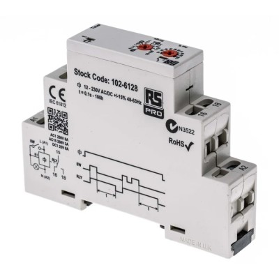 Broyce Control RS PRO DIN Rail Timer Relay, 1-Contact, SPDT Switch, 230 V DC, 12 V AC, 230 V AC, 0.1 s to 100 h 102-6128