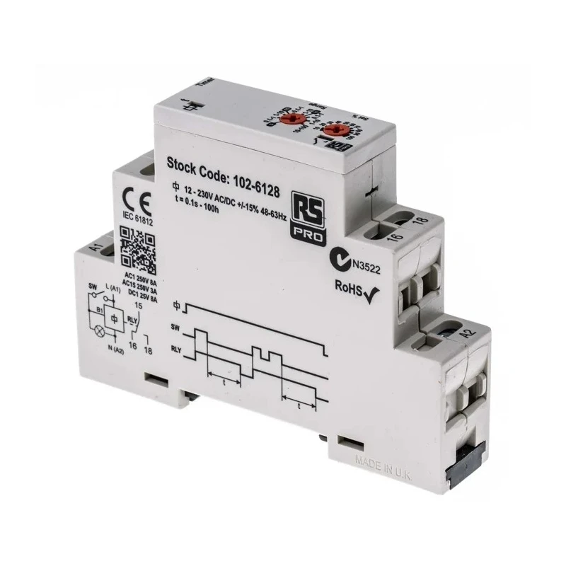Broyce Control RS PRO DIN Rail Timer Relay, 1-Contact, SPDT Switch, 230 V DC, 12 V AC, 230 V AC, 0.1 s to 100 h 102-6128