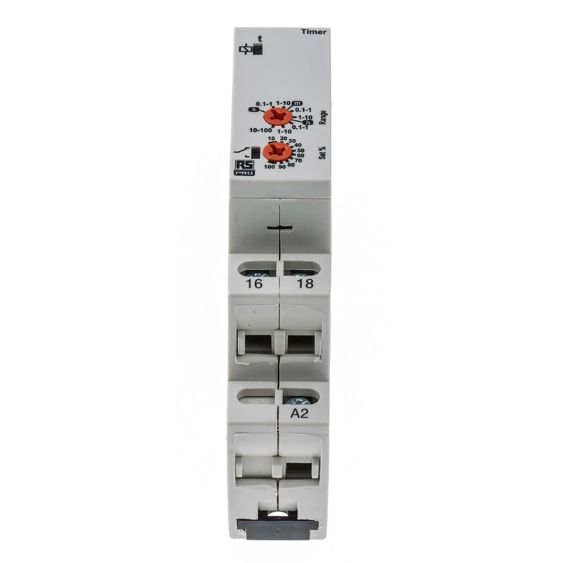 Broyce Control RS PRO DIN Rail Timer Relay, 1-Contact, SPDT Switch, 230 V DC, 12 V AC, 230 V AC, 0.1 s to 100 h 102-6128