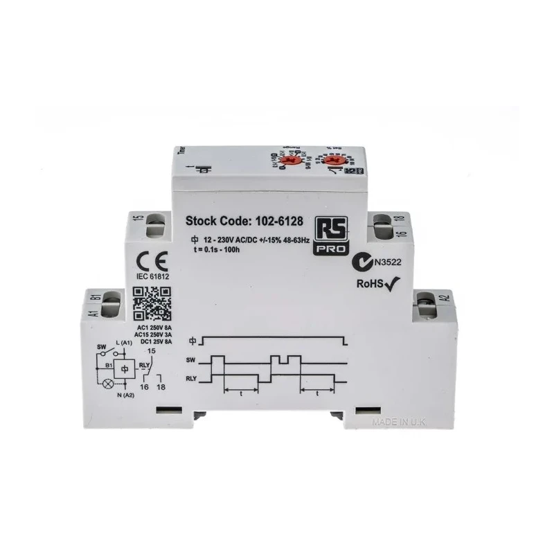 Broyce Control RS PRO DIN Rail Timer Relay, 1-Contact, SPDT Switch, 230 V DC, 12 V AC, 230 V AC, 0.1 s to 100 h 102-6128