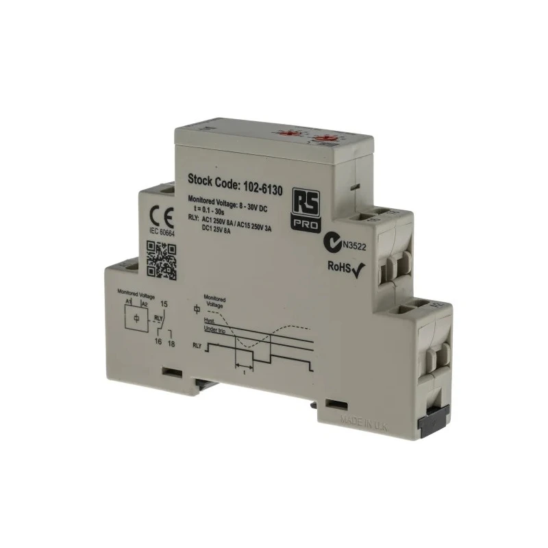 RS PRO Monitoring Relay 1 Phase SPDT DIN Rail Mount 24 V dc 3W Power Consumption 102-6130