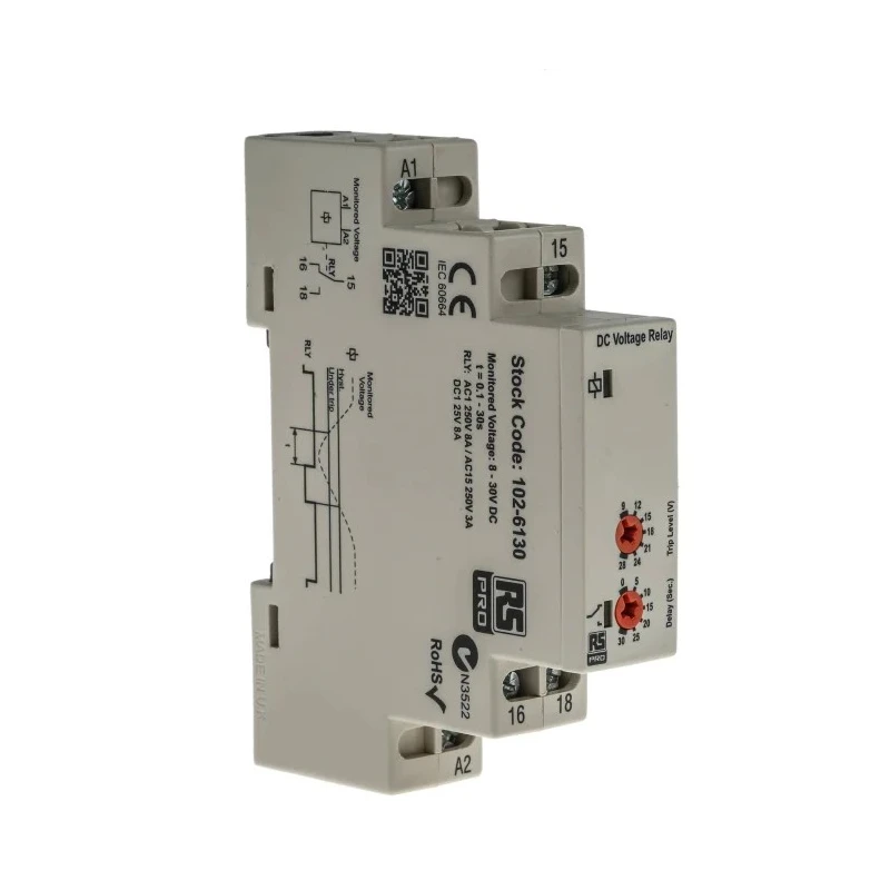 RS PRO Monitoring Relay 1 Phase SPDT DIN Rail Mount 24 V dc 3W Power Consumption 102-6130