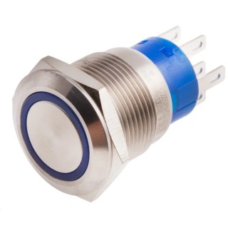RS PRO Illuminated Momentary Push Button Switch Panel Mount 19.2 mm Cutout DPDT Blue LED IP67 250V 111-5786