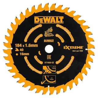 DeWALT Circular Saw Blade with 40 Teeth, Carbide Material, 184 mm Diameter, 1.65 mm Kerf Thickness, Arbor Diameter DT1668-QZ
