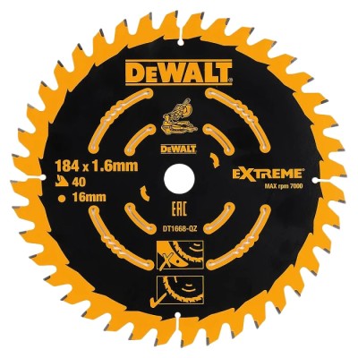 DeWALT Circular Saw Blade with 40 Teeth, Carbide Material, 184 mm Diameter, 1.65 mm Kerf Thickness, Arbor Diameter DT1668-QZ