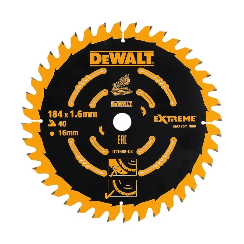 DeWALT Circular Saw Blade with 40 Teeth, Carbide Material, 184 mm Diameter, 1.65 mm Kerf Thickness, Arbor Diameter DT1668-QZ