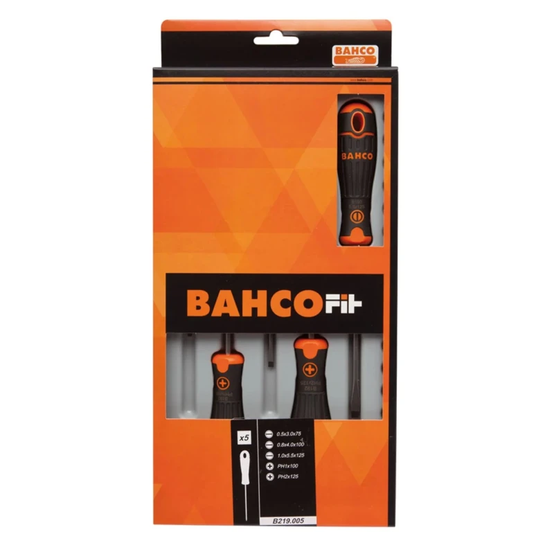 Bahco Phillips and Slotted Standard Screwdriver Set, 5 Pieces, Tip Sizes 0.5x3 mm, 0.8x4 mm, 1x5.5 mm, PH1, PH2 B219.005