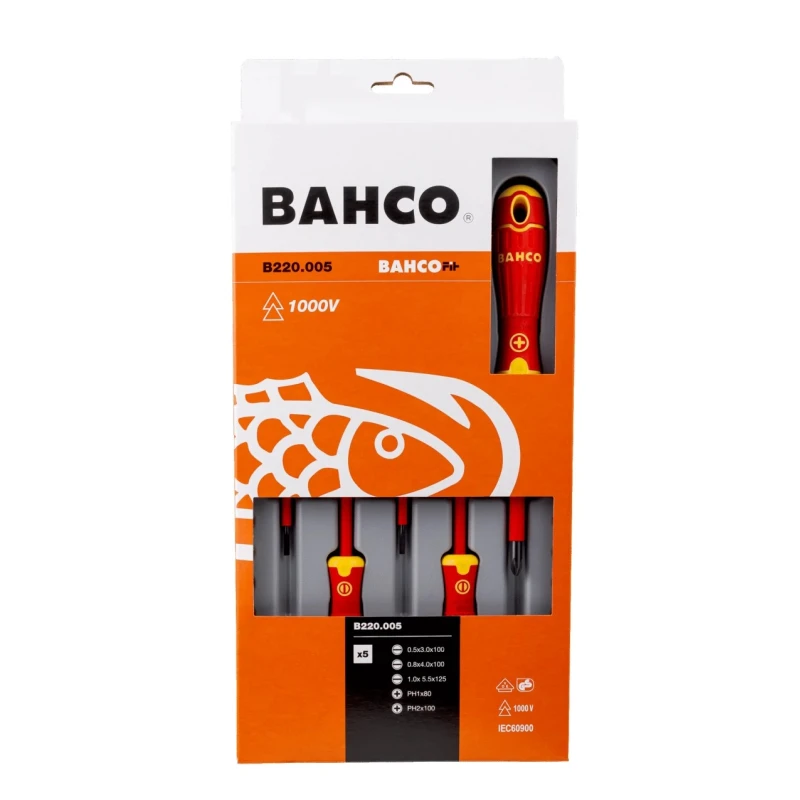 Bahco Phillips and Slotted Insulated Screwdriver Set 5-Piece, IEC 60900, VDE Approved, 1000 V, B220.005