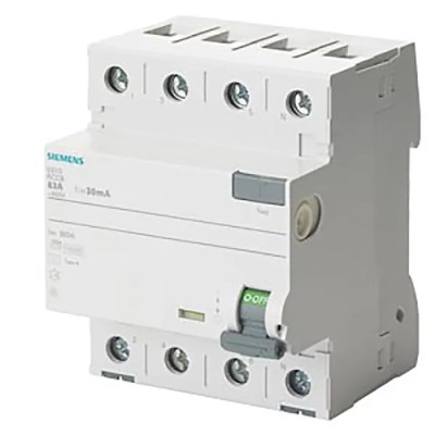 Siemens Residual Current Circuit Breaker 40A 4-Pole 30mA Type A 0.8kA 400V AC 5SV3344-6KK01