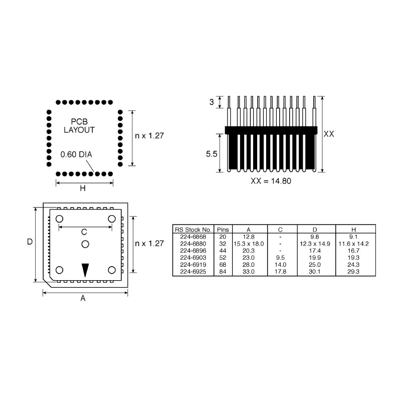 Winslow 1.27 mm Pitch 84 Way Through Hole PLCC Socket W9306