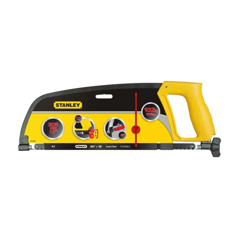 Stanley FatMax Solid Steel Frame 300 mm, 24 TPI Hacksaw with Enclosed Ribbed Shatterproof Handle 1-15-122