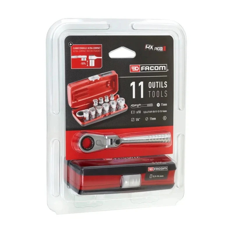 Facom 11-Piece 1/4 in Hexagon Socket Set Chrome Vanadium Steel Bright Chrome Finish RXPICOPB