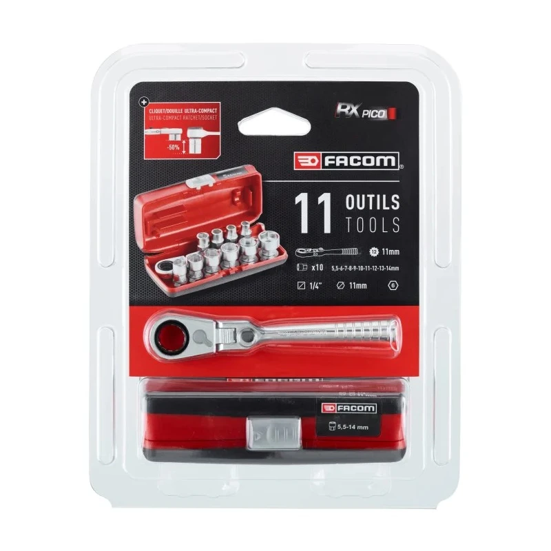 Facom 11-Piece 1/4 in Hexagon Socket Set Chrome Vanadium Steel Bright Chrome Finish RXPICOPB