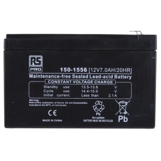 RS PRO 12 V, T1 Sealed Lead Acid Battery, 7 Ah, AGM Construction, Flame Resistant, 93.5mm x 151 mm 150-1556
