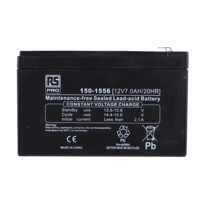 RS PRO 12 V, T1 Sealed Lead Acid Battery, 7 Ah, AGM Construction, Flame Resistant, 93.5mm x 151 mm 150-1556