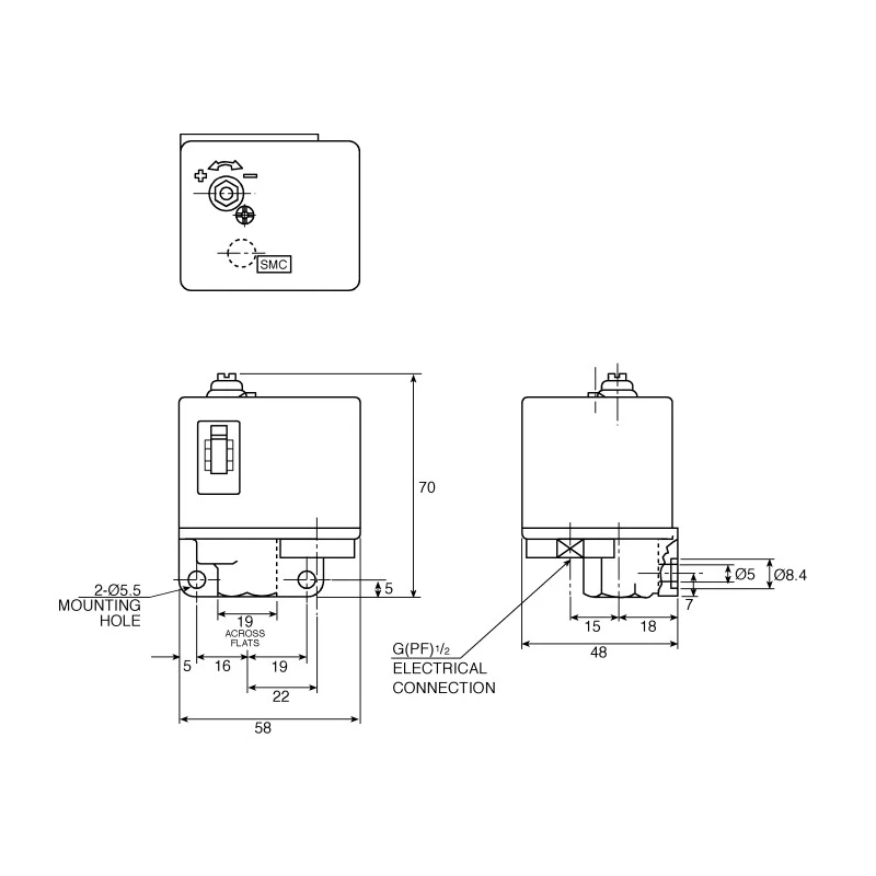 SMC Adjustable Pressure Switch NC 0.1 MPa to 0.8 MPa 1/4 in Port Size IS3000-02